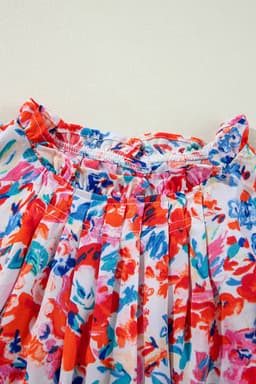 image-Red Frilled Neck Pleated Boho Floral Tank Top