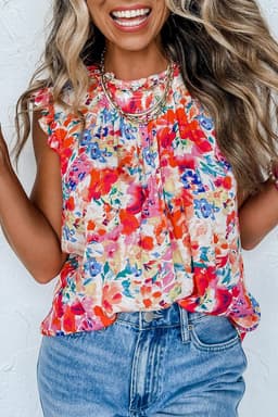 image-Red Frilled Neck Pleated Boho Floral Tank Top