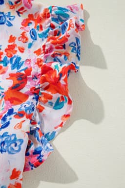 image-Red Frilled Neck Pleated Boho Floral Tank Top