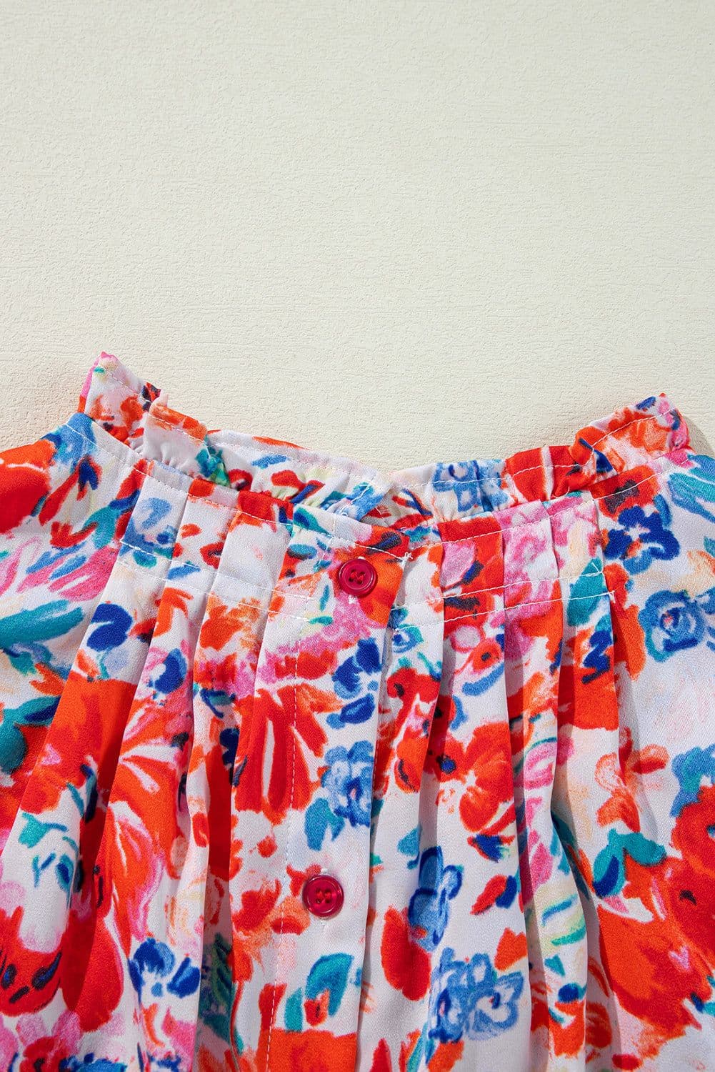 image-Red Frilled Neck Pleated Boho Floral Tank Top