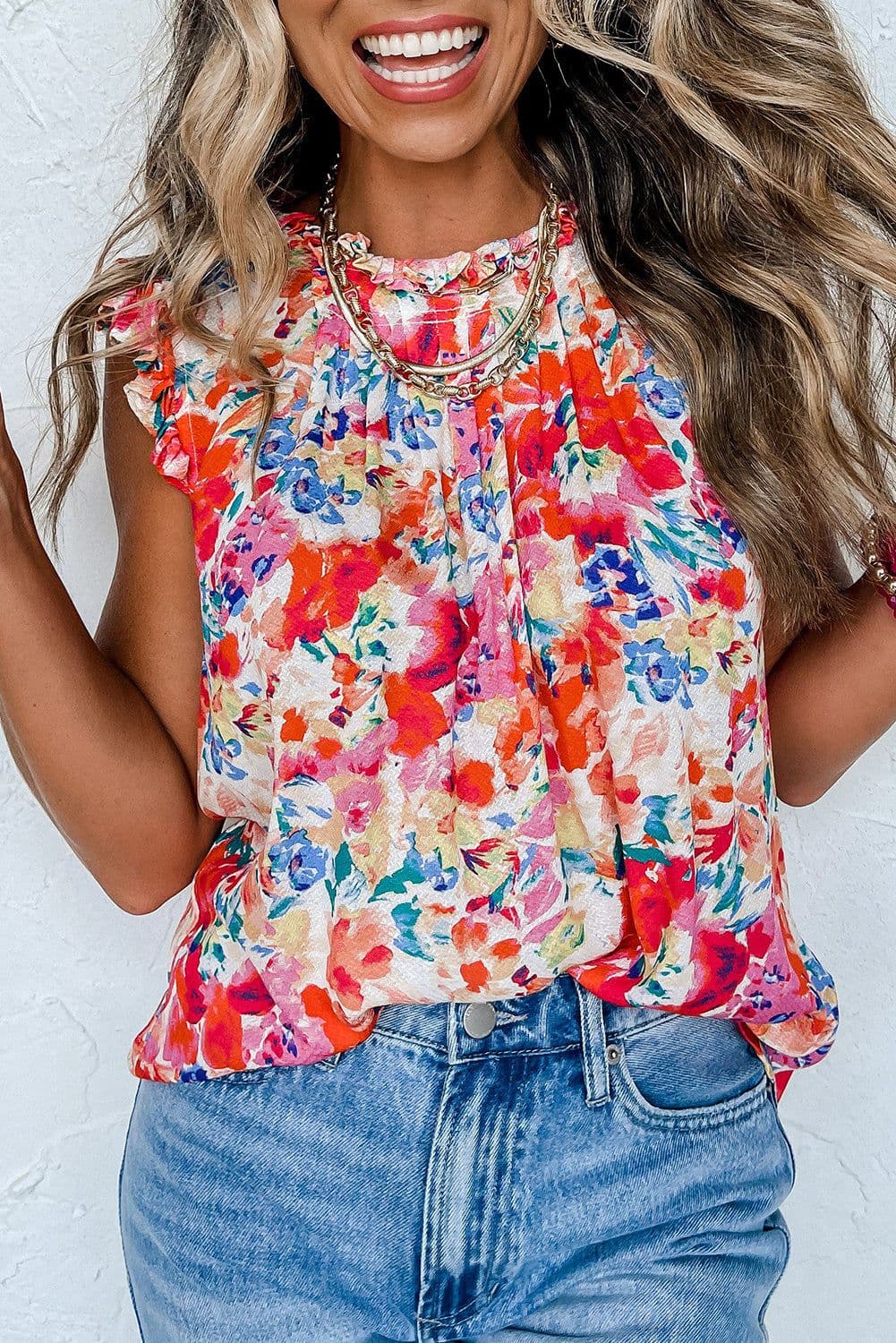image-Red Frilled Neck Pleated Boho Floral Tank Top