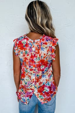 image-Red Frilled Neck Pleated Boho Floral Tank Top