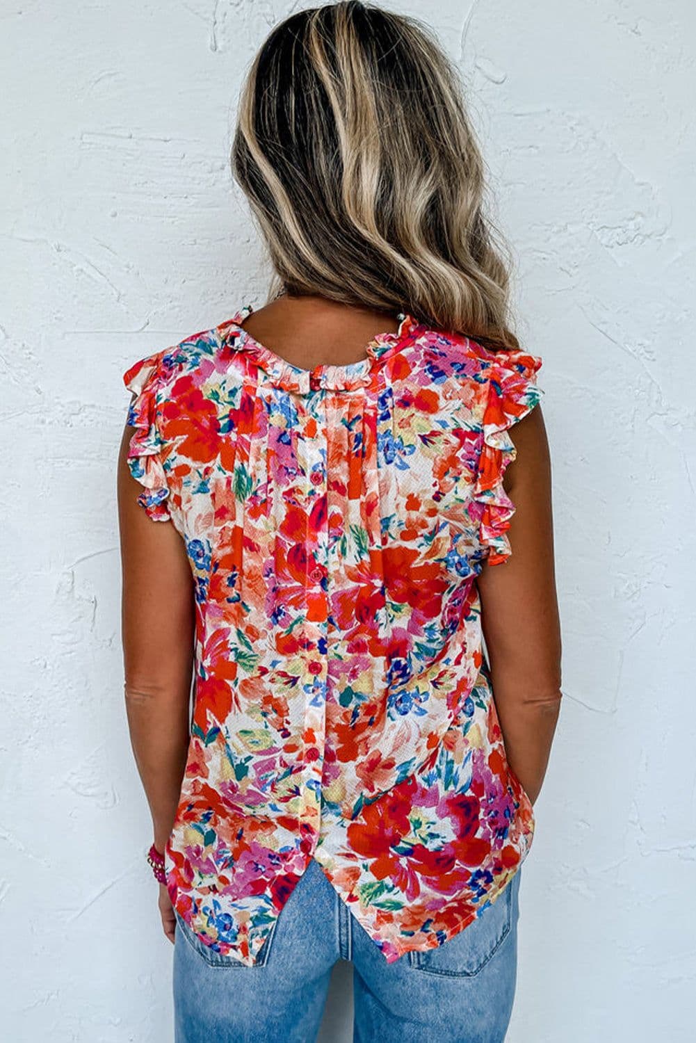 image-Red Frilled Neck Pleated Boho Floral Tank Top