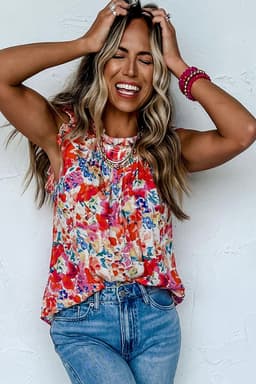 image-Red Frilled Neck Pleated Boho Floral Tank Top