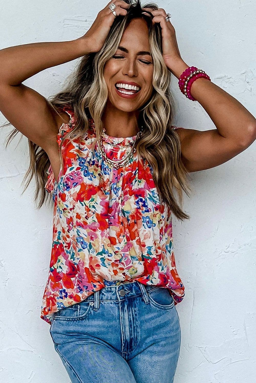 image-Red Frilled Neck Pleated Boho Floral Tank Top