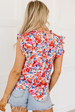 image-Red Frilled Neck Pleated Boho Floral Tank Top