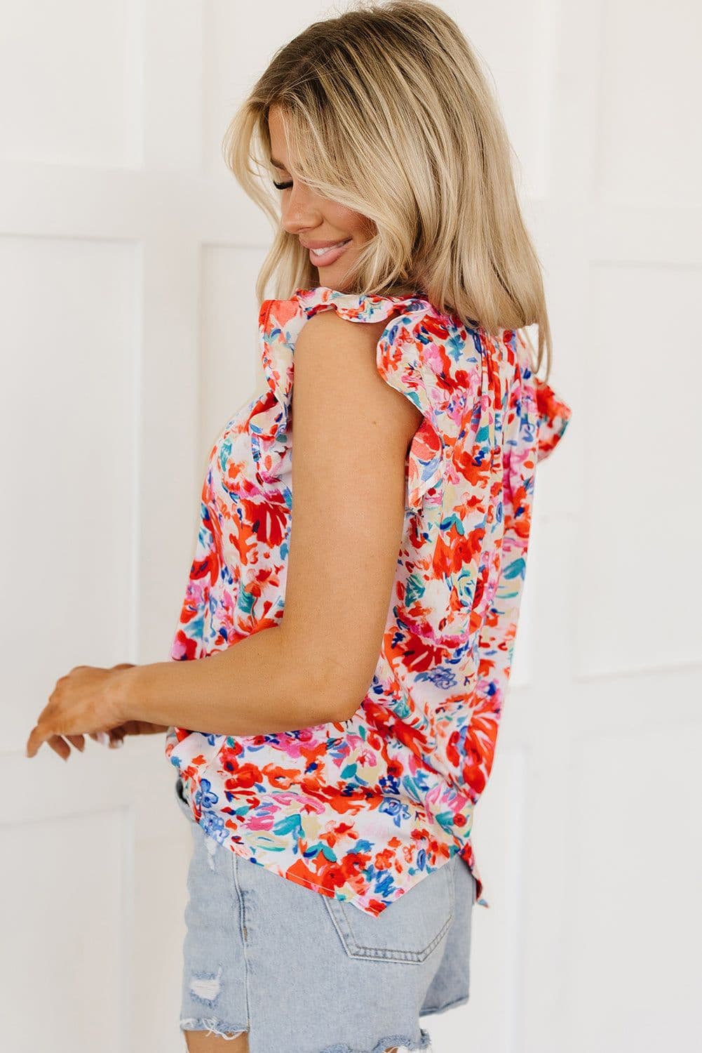 image-Red Frilled Neck Pleated Boho Floral Tank Top