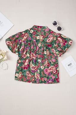 image-Green V Neck Short Bubble Sleeve Paisley Blouse