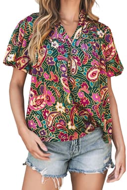 image-Green V Neck Short Bubble Sleeve Paisley Blouse
