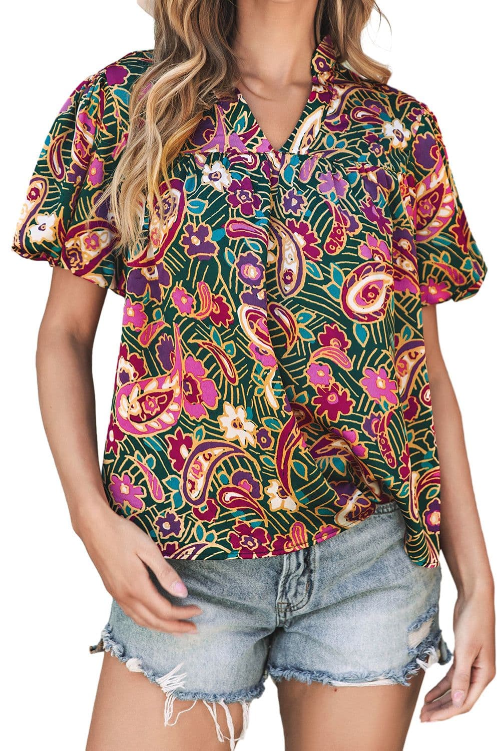 image-Green V Neck Short Bubble Sleeve Paisley Blouse