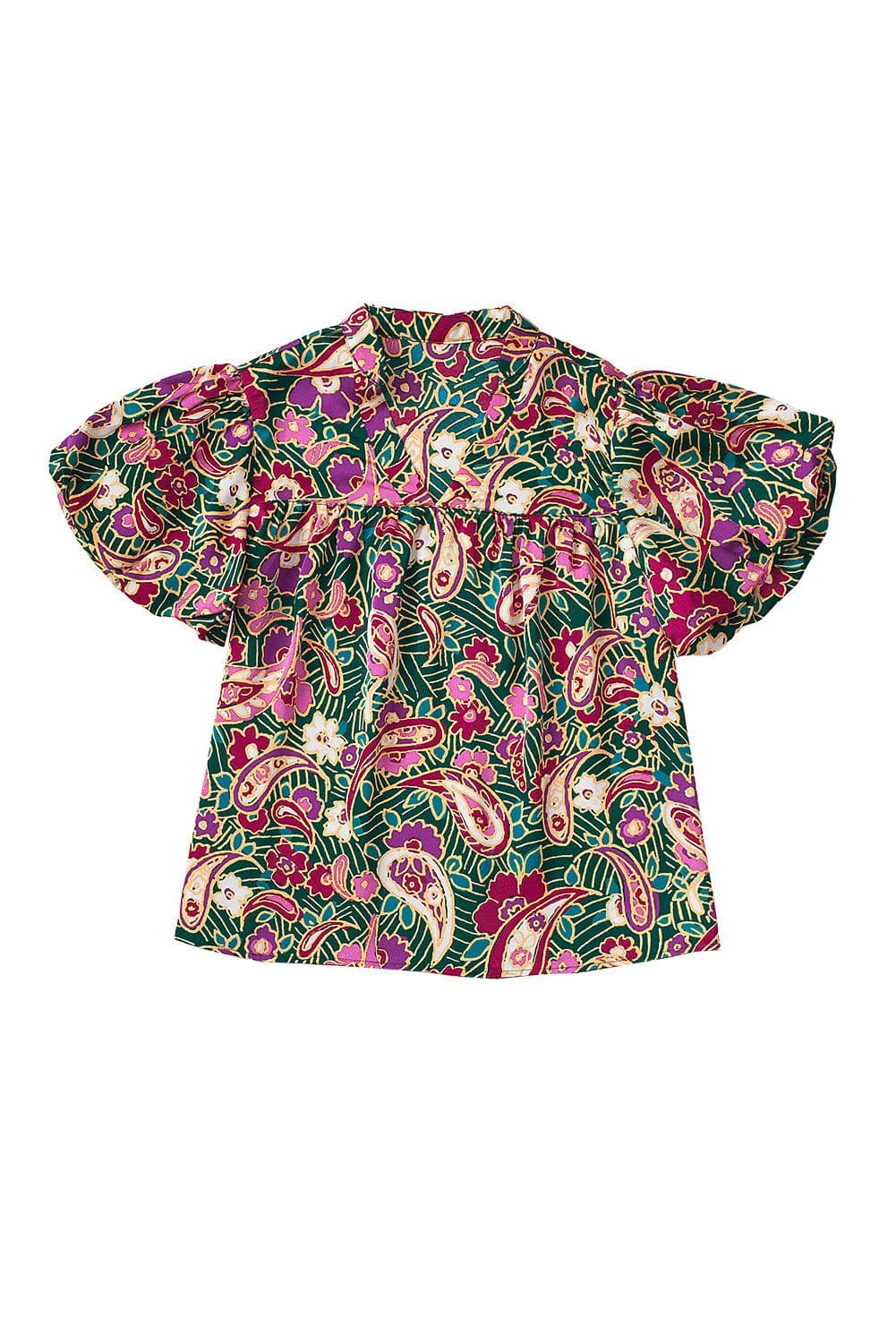 image-Green V Neck Short Bubble Sleeve Paisley Blouse