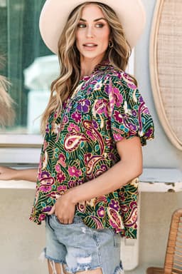 image-Green V Neck Short Bubble Sleeve Paisley Blouse