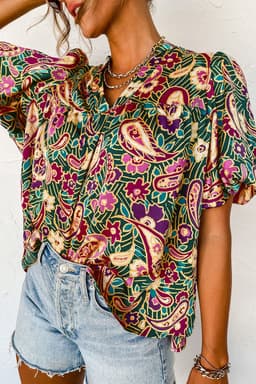 image-Green V Neck Short Bubble Sleeve Paisley Blouse