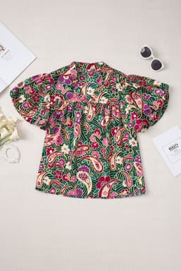 image-Green V Neck Short Bubble Sleeve Paisley Blouse