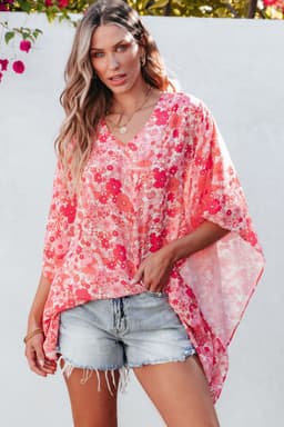 image-Pink Boho Floral V Neck Kimono Style Blouse
