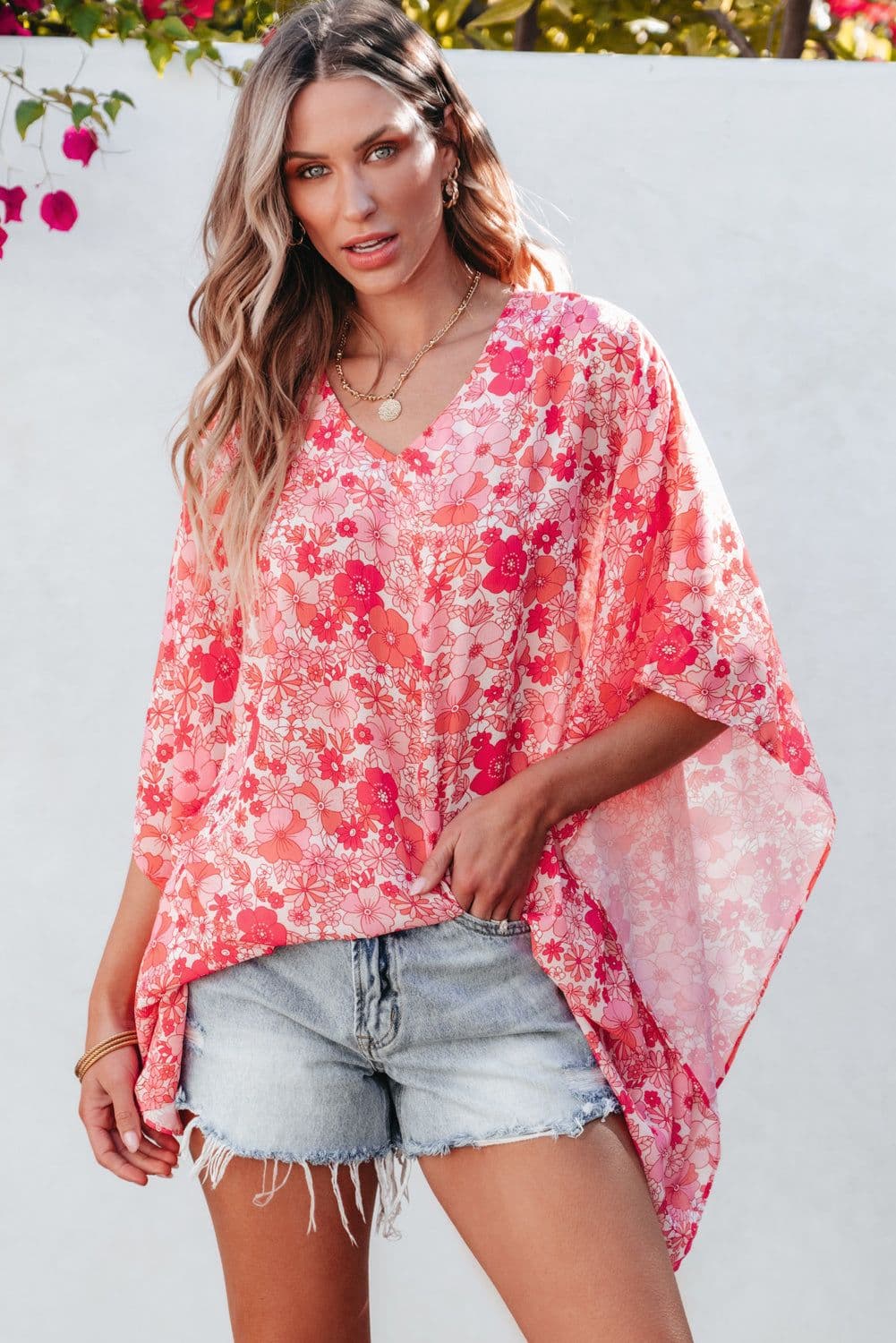 image-Pink Boho Floral V Neck Kimono Style Blouse