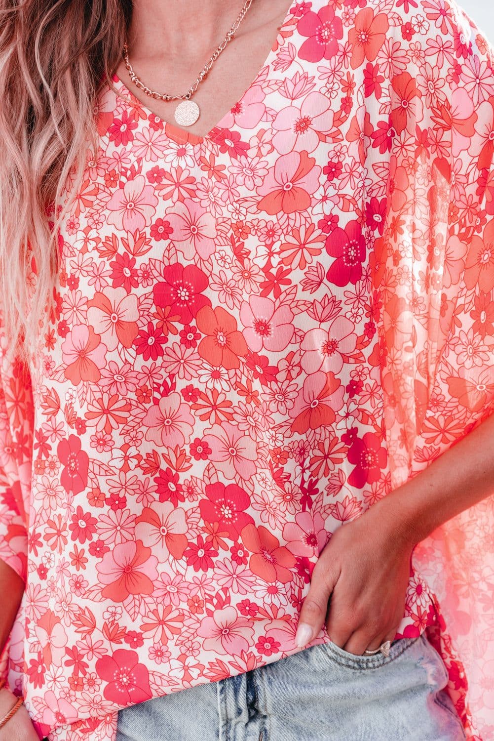 image-Pink Boho Floral V Neck Kimono Style Blouse
