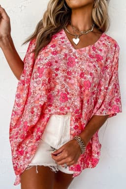 image-Pink Boho Floral V Neck Kimono Style Blouse