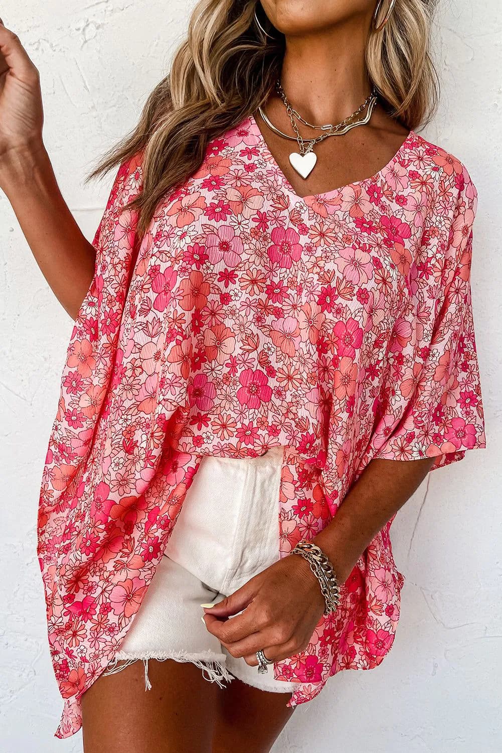 image-Pink Boho Floral V Neck Kimono Style Blouse