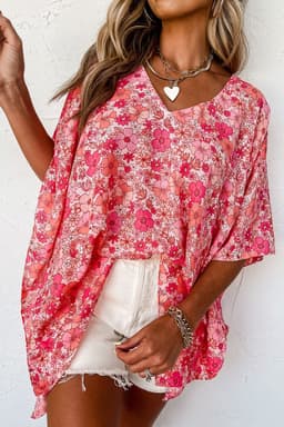 image-Pink Boho Floral V Neck Kimono Style Blouse