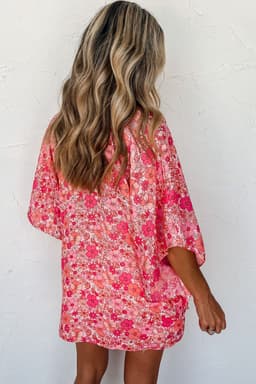 image-Pink Boho Floral V Neck Kimono Style Blouse