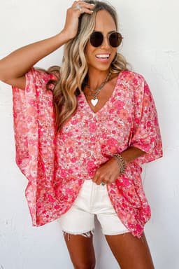 image-Pink Boho Floral V Neck Kimono Style Blouse