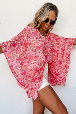 image-Pink Boho Floral V Neck Kimono Style Blouse