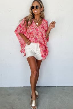image-Pink Boho Floral V Neck Kimono Style Blouse