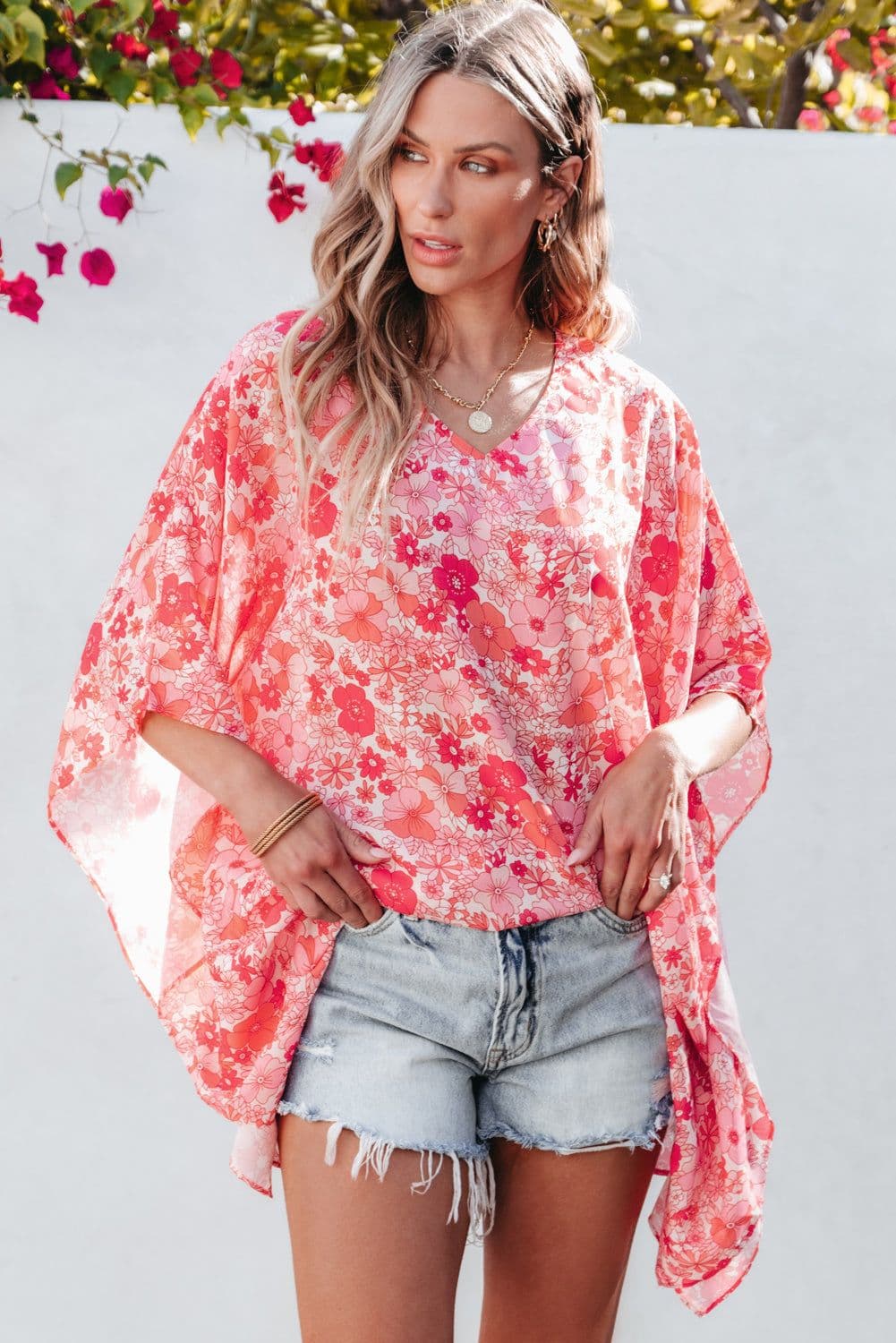 image-Pink Boho Floral V Neck Kimono Style Blouse