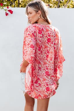 image-Pink Boho Floral V Neck Kimono Style Blouse