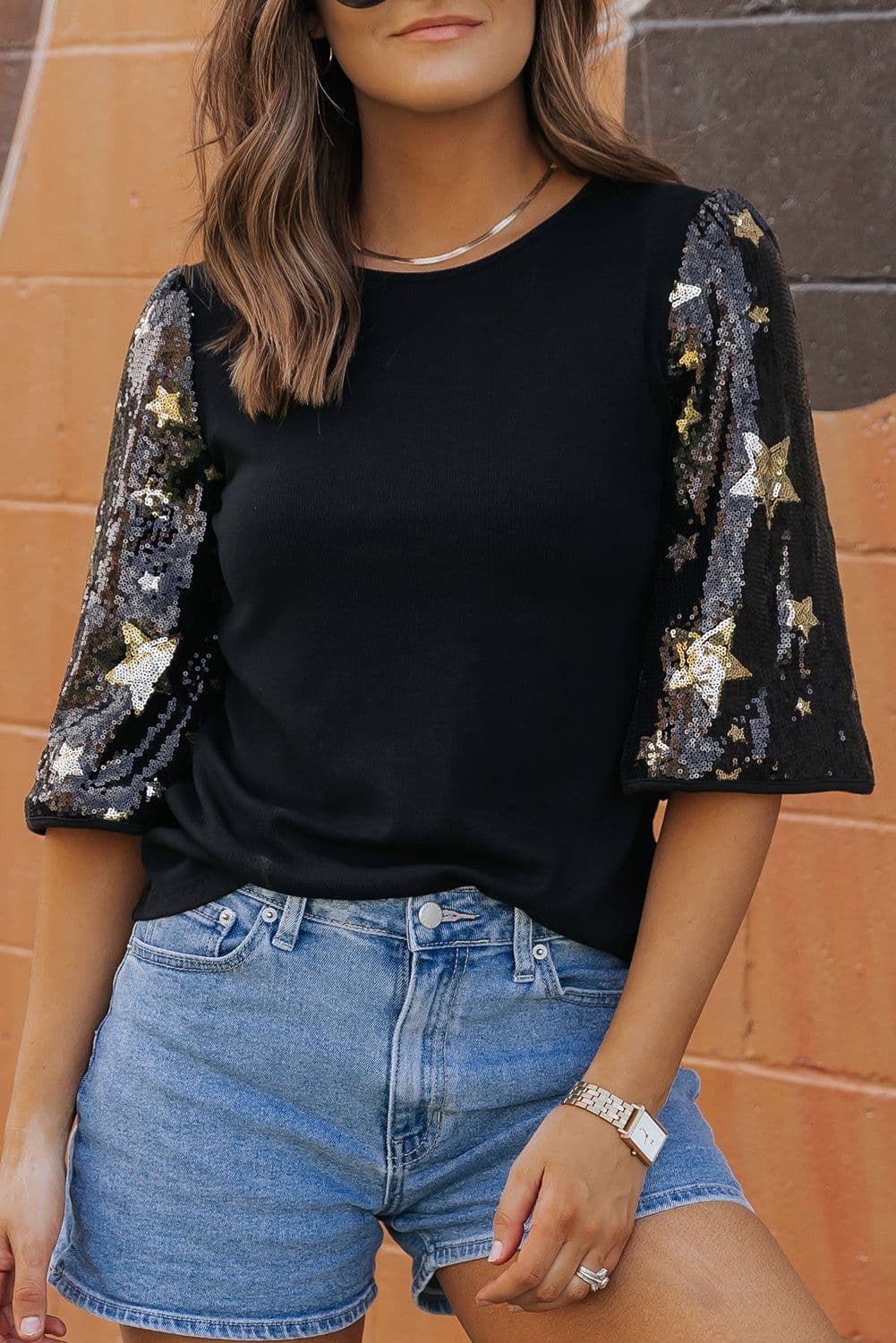 image-Black Star Sequin Splicing Half Sleeve Top