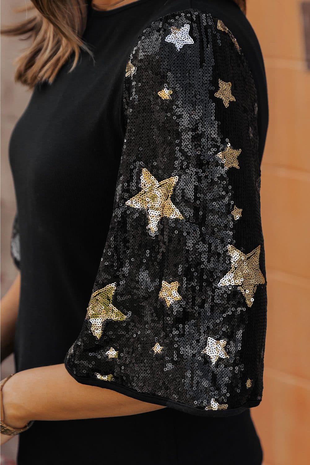 image-Black Star Sequin Splicing Half Sleeve Top