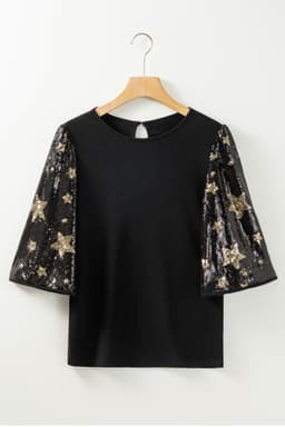 image-Black Star Sequin Splicing Half Sleeve Top