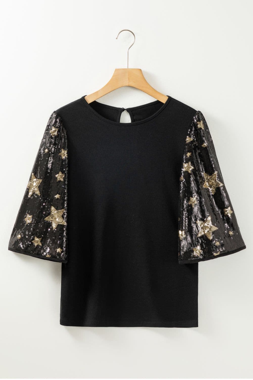 image-Black Star Sequin Splicing Half Sleeve Top