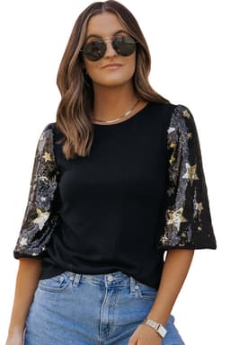 image-Black Star Sequin Splicing Half Sleeve Top