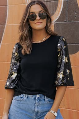 image-Black Star Sequin Splicing Half Sleeve Top