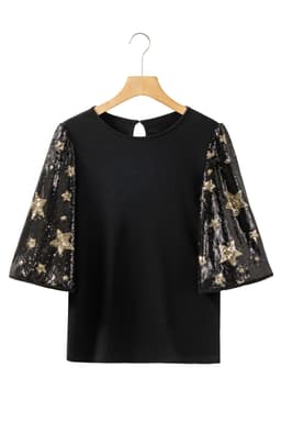 image-Black Star Sequin Splicing Half Sleeve Top