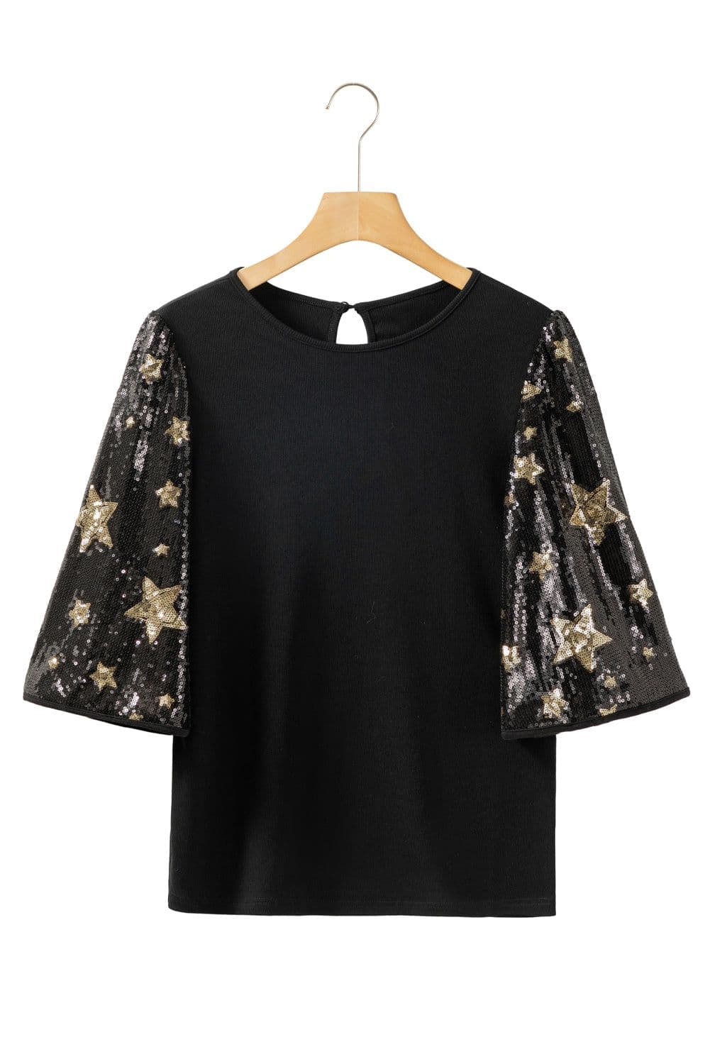 image-Black Star Sequin Splicing Half Sleeve Top
