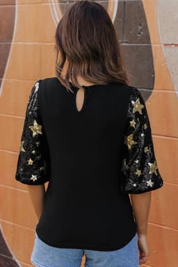 image-Black Star Sequin Splicing Half Sleeve Top