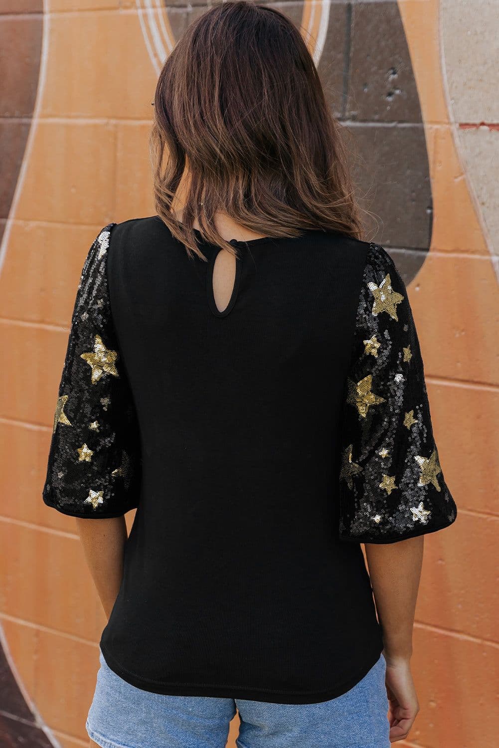 image-Black Star Sequin Splicing Half Sleeve Top
