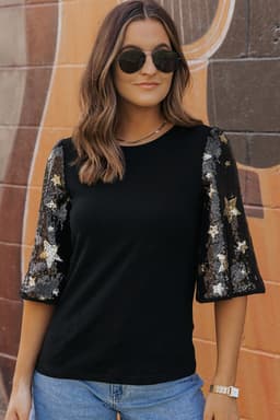 image-Black Star Sequin Splicing Half Sleeve Top