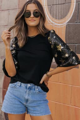 image-Black Star Sequin Splicing Half Sleeve Top