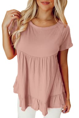 image-Pink Solid Short Sleeve Ruffle Hem Top