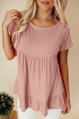 image-Pink Solid Short Sleeve Ruffle Hem Top