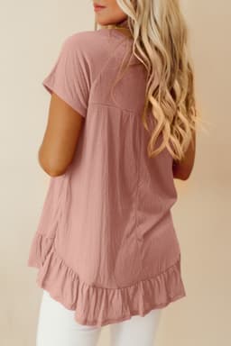 image-Pink Solid Short Sleeve Ruffle Hem Top