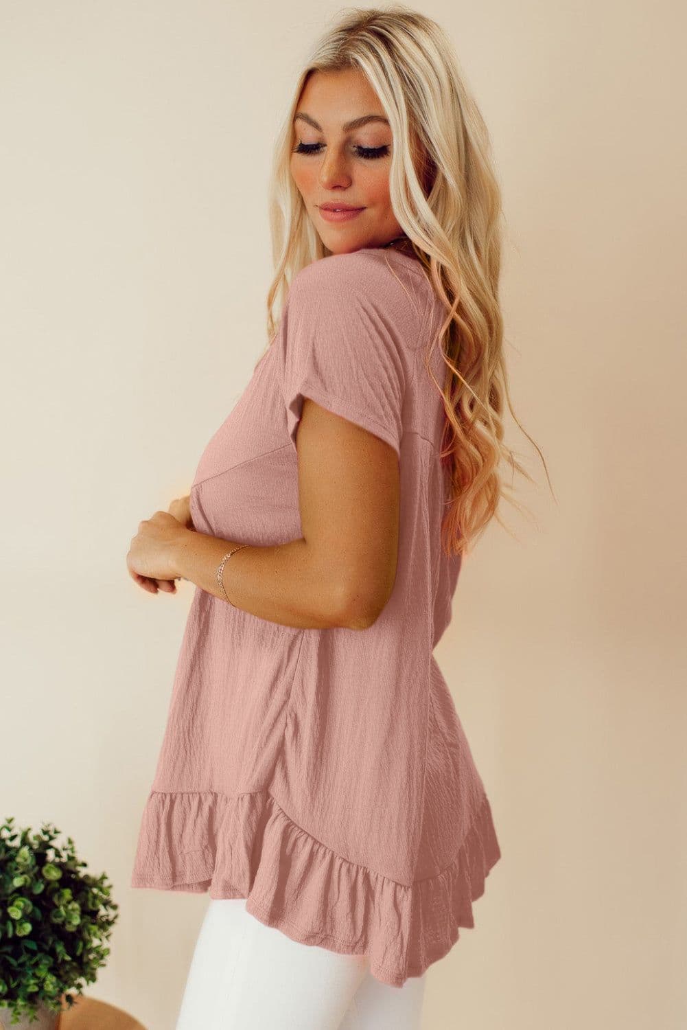 image-Pink Solid Short Sleeve Ruffle Hem Top