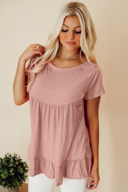 image-Pink Solid Short Sleeve Ruffle Hem Top