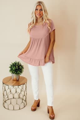 image-Pink Solid Short Sleeve Ruffle Hem Top