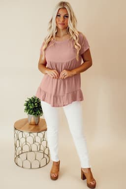 image-Pink Solid Short Sleeve Ruffle Hem Top