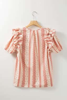 image-Red Frilled Short Puff Sleeve Mixed Print Blouse